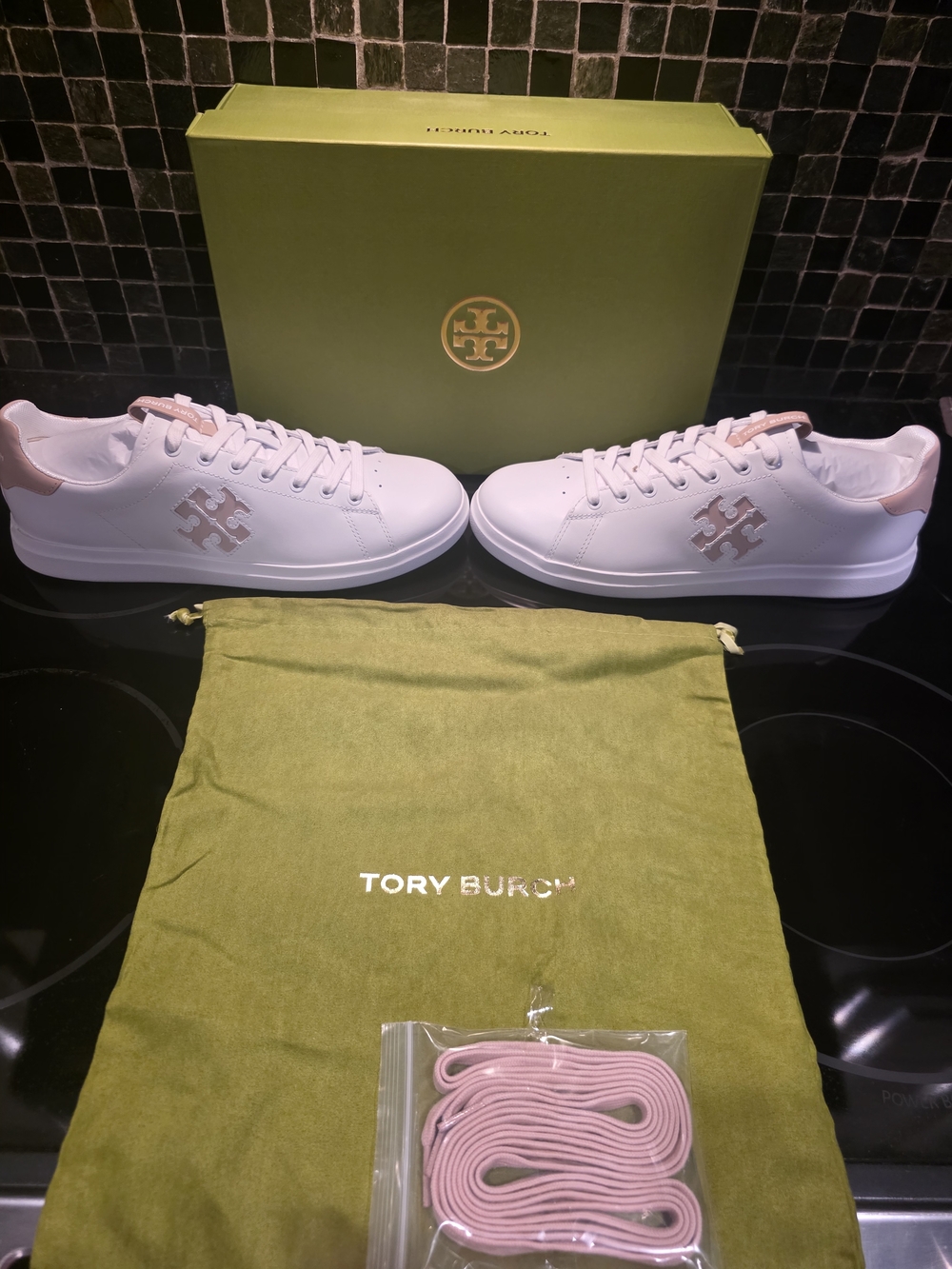 Tory Burch Howell Court White Sneakers with Blush Pink - Picture 2 of 6